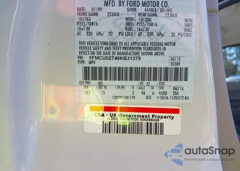 2009 Ford Escape Xls/Xls Manual из США, поврежденный, VIN 1FMCU02749KB31375